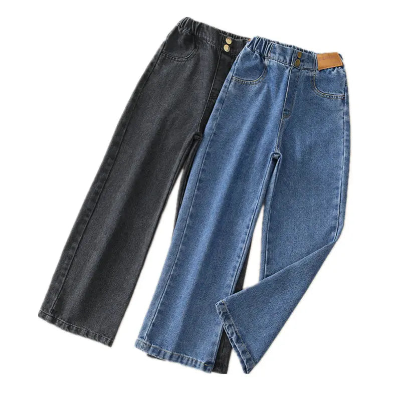 Teenage Girls Retro Jeans Spring Autumn Winter Casual Fashion Kids Wide Leg Insulated Jeans Pants School Children Denim Trousers