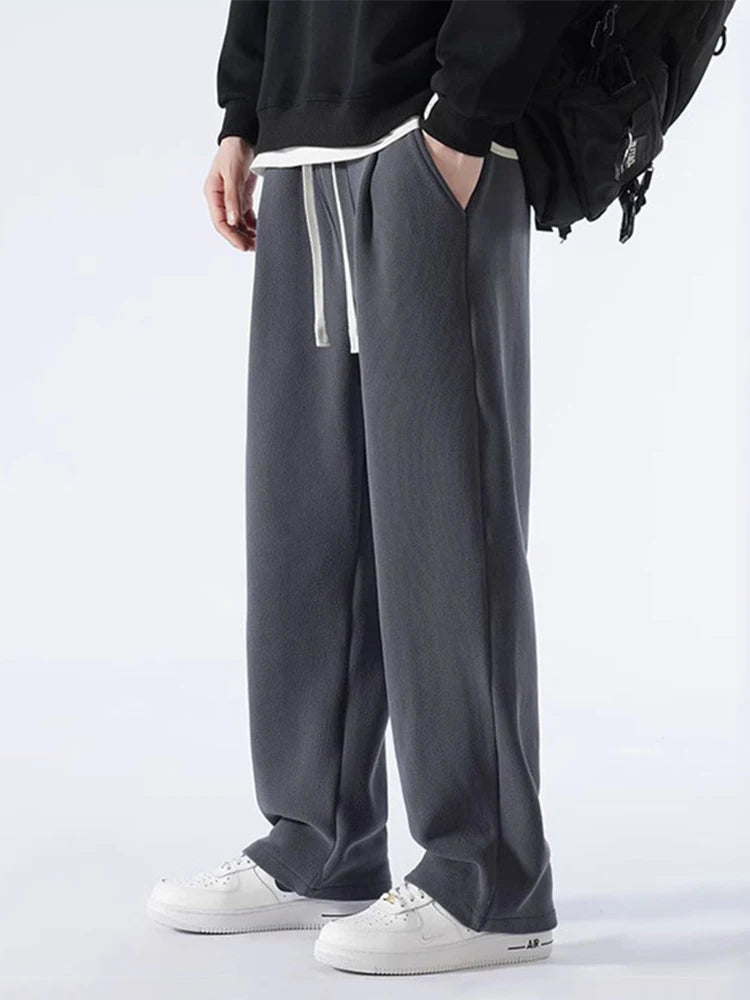 Winter Men's Sweatpants Korean Fashion Thick Warm Fleece Wide Leg Straight Loose Track Pants Male Casual Thermal Velvet Trousers