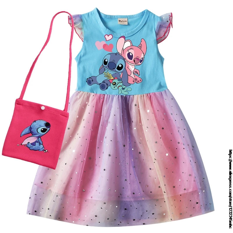 Lilo And Stitch Summer Girls Cotton T Shirt Patchwork Dress +Bag Children Girl Home Party Casual Clothes Dresses