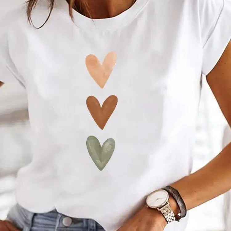 Love Heart Print Women Summer T Shirt Girl O Neck Funny Y2K Tops Tee Female 90s Casual Clothing