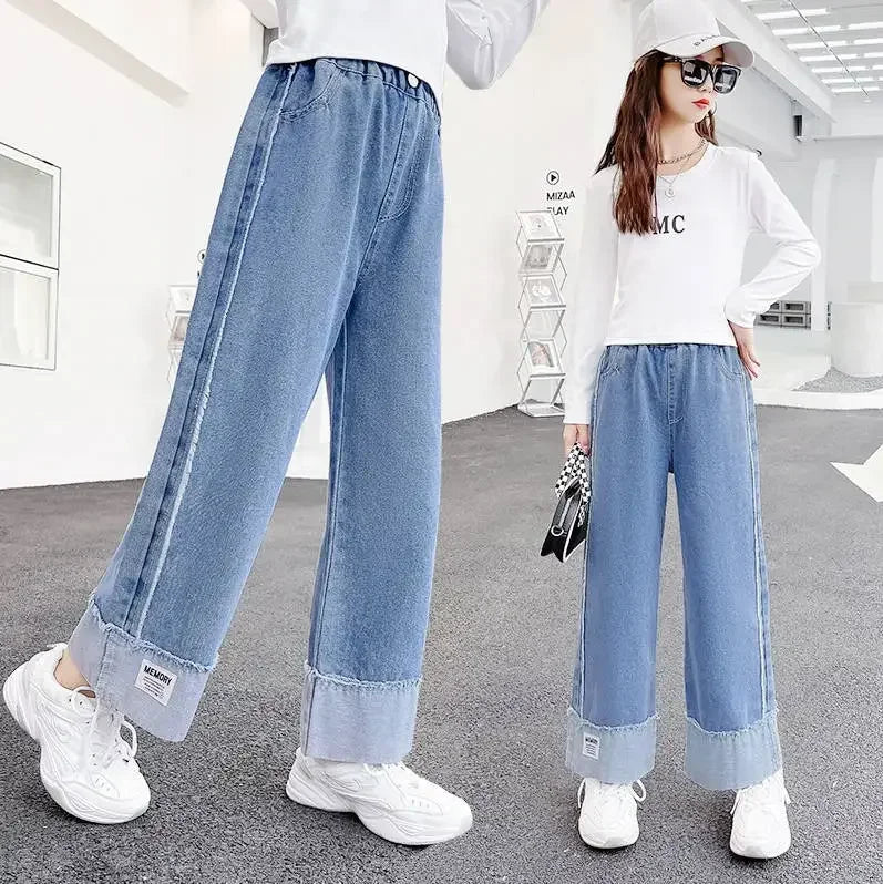 Korean Style Children Embroidery Jeans for Girls Denim Pants for Girls Spring  High Waist Straight Trousers for Kids Teenagers