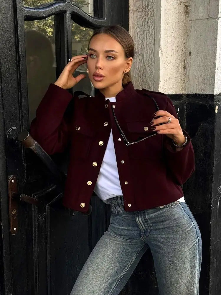 Elegant Wine Red Stand Collar Wool Blend Coat Female Fashion Single Breasted Pocket Short Jackets Lady Office Commute Streetwear