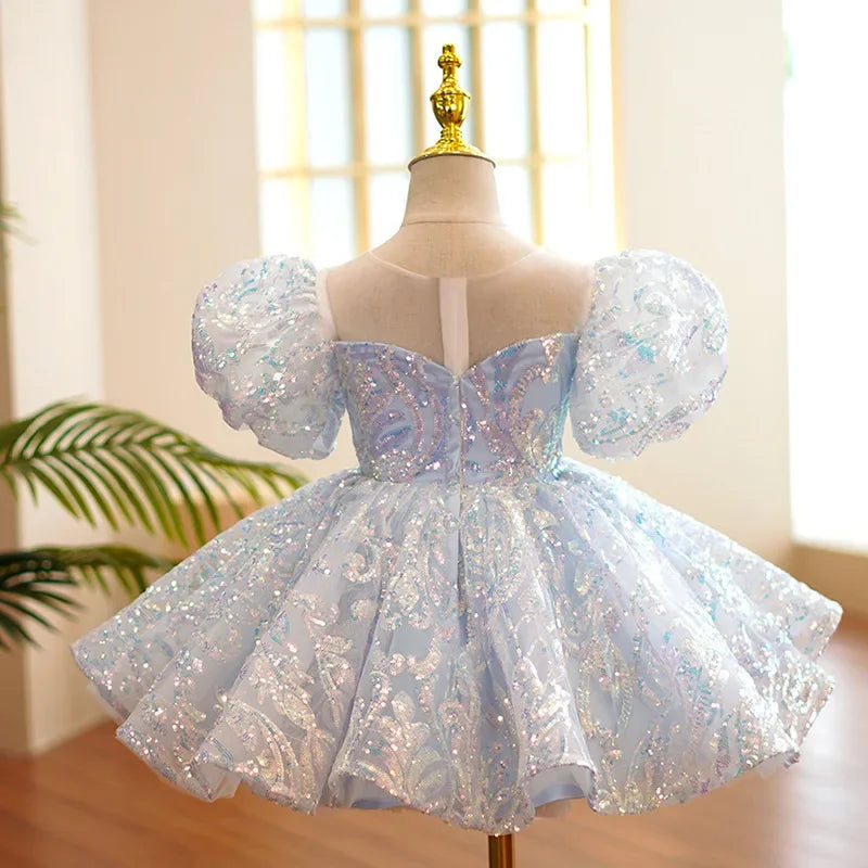 Kids Birthday Party Dresses for Little Girl Size 2 To 14 Years Prom Sequin Dress 2023 Luxury Gowns Sky Blue Evening Formal Frock