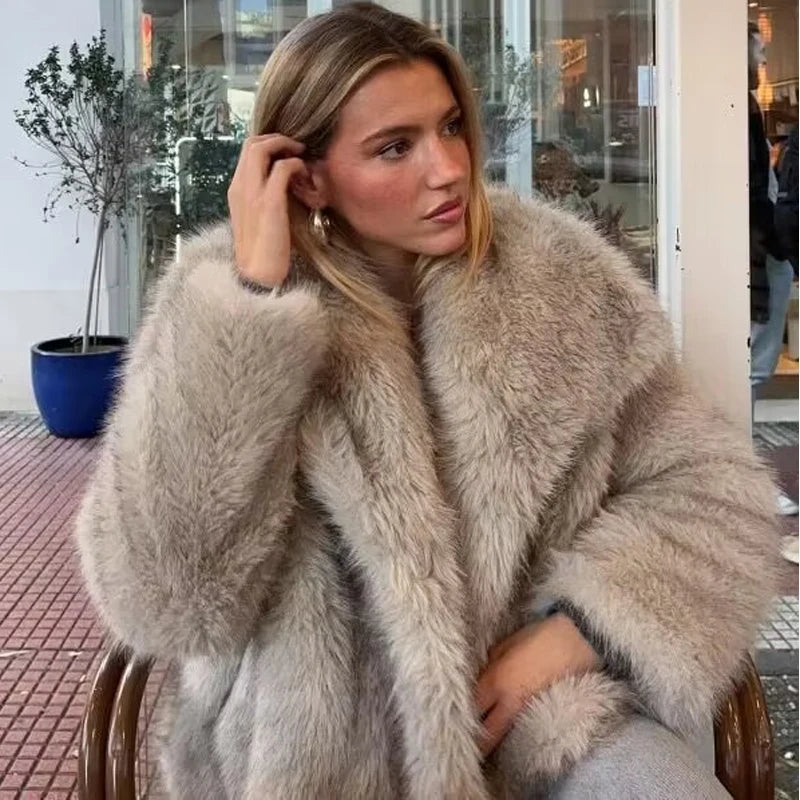 TRAF Women's Faux Fur Coat autumn winter 2023 Plush Wool Coats and Mixtures Outerwears Fashio Long Sleeve Warm Fur Coat