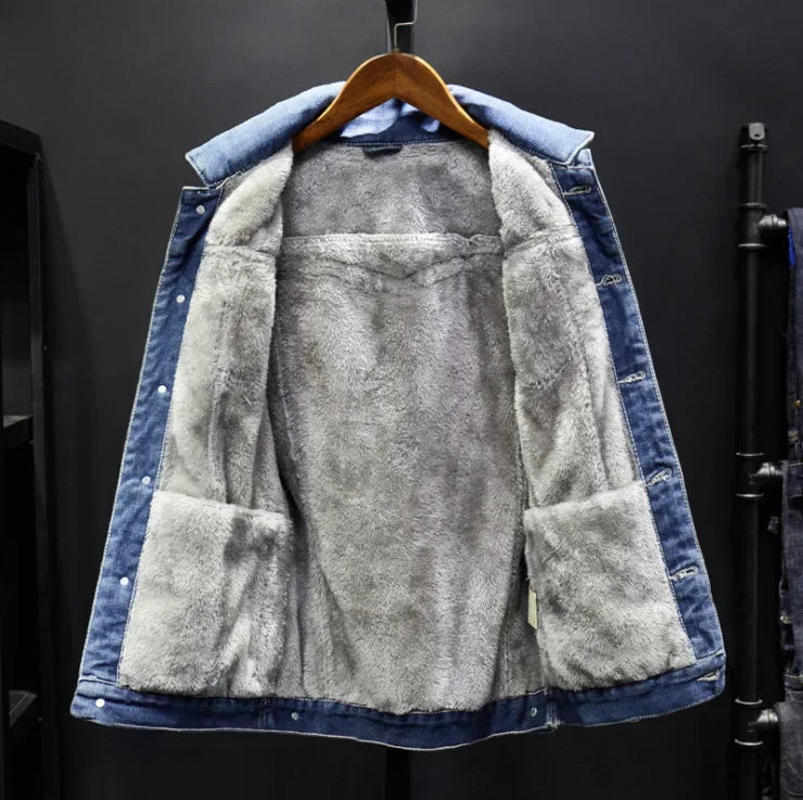 Men Denim Jacket Single Breasted Cardigan Turn Down Collar Coats Washed Loose Solid Pockets Button Casual Thicken Spliced