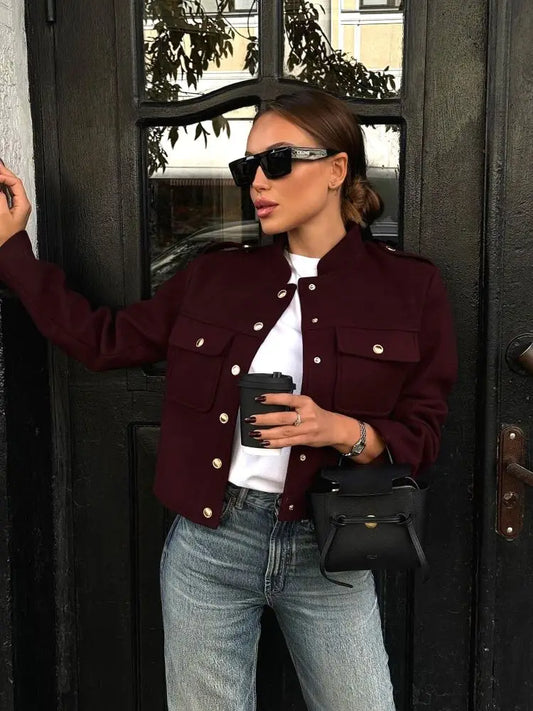 Elegant Wine Red Stand Collar Wool Blend Coat Female Fashion Single Breasted Pocket Short Jackets Lady Office Commute Streetwear