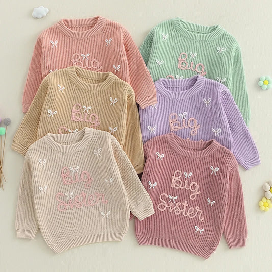 Pudcoco Baby Girl Sweater Long Sleeve Round Neck Bow Letter Embroidery Knit Pullover Toddler Tops 1-5T