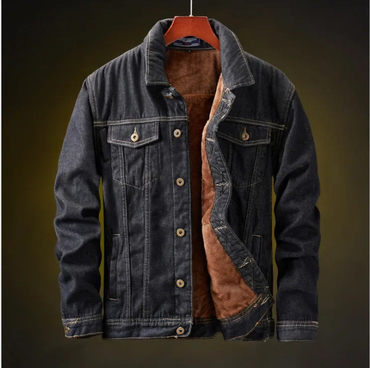 Men Denim Jacket Single Breasted Cardigan Turn Down Collar Coats Washed Loose Solid Pockets Button Casual Thicken Spliced