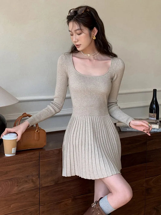 Korean Fashion Minimalist Solid Square neck Knitted Mini Dress Spring New Hotsweet Long Sleeve Sweater Short Dress Women