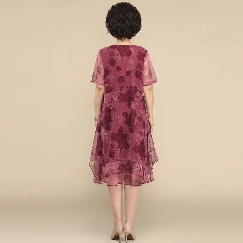 2023 O-Neck Short Sleeve Dresses Vintage Floral Printed Summer Gauze Spliced Women's Clothing Stylish Irregular Loose Midi Dress