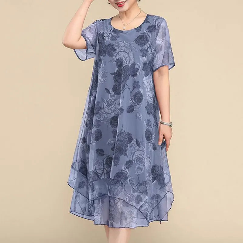 2023 O-Neck Short Sleeve Dresses Vintage Floral Printed Summer Gauze Spliced Women's Clothing Stylish Irregular Loose Midi Dress