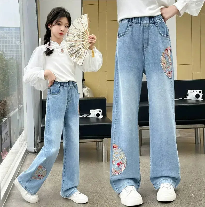 Korean Style Children Embroidery Jeans for Girls Denim Pants for Girls Spring  High Waist Straight Trousers for Kids Teenagers