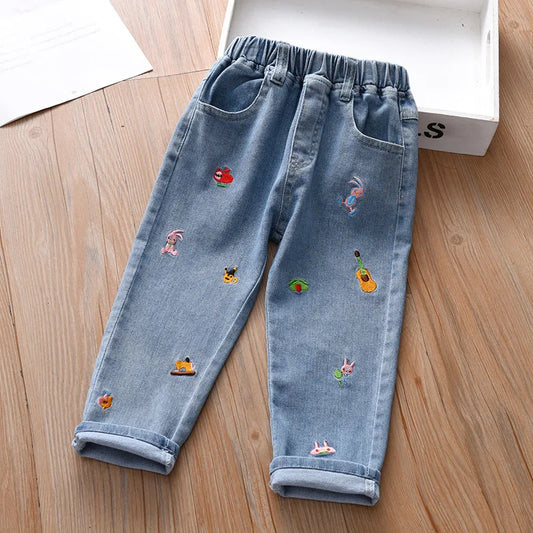 Girls Cartoon Embroidery Jeans 2023 Fashion Autumn New Baby Kids Casual Elastic Waist Pockets Denim Pant Cotton Children's Pants