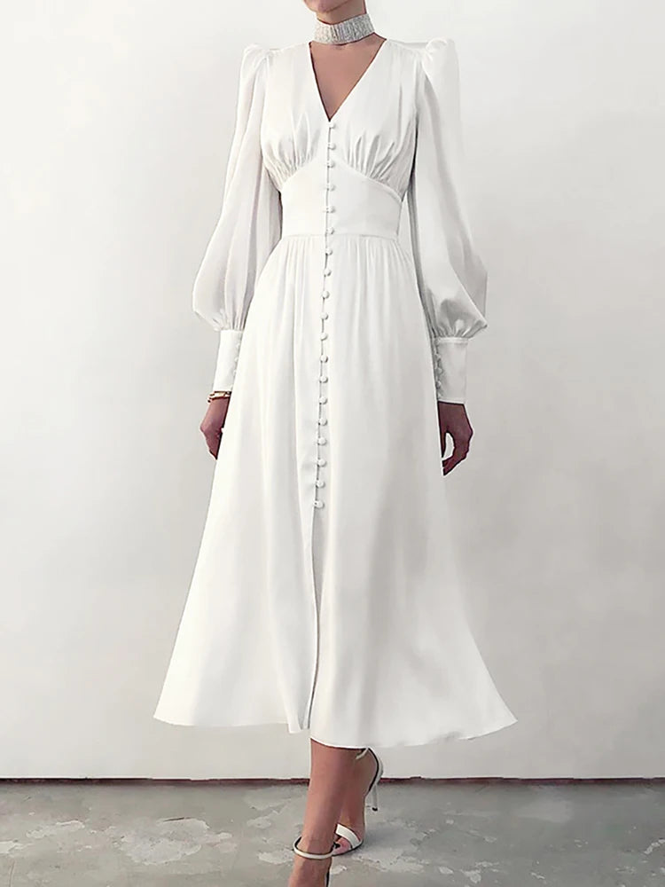 White Satin Midi Dress – Elegant Party Outfit, High Waist, Lantern Sleeves