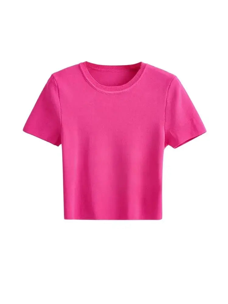 RFZA Women Fashion Striped Basic Cropped Knit Sweater Vintage O Neck Short Sleeve Female Pullovers Chic Tops