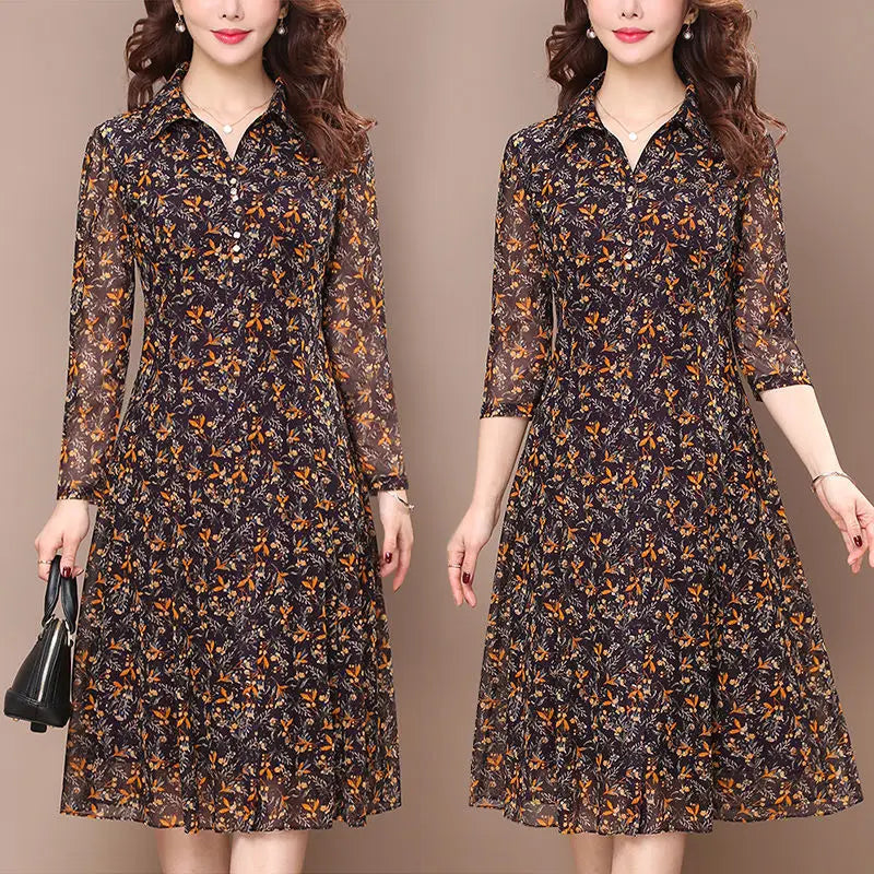 Long Sleeve Dress Women Floral Print Elegant Turndown Collar Summer Female Clothing Slim All-match Casual Button Midi Dress Robe