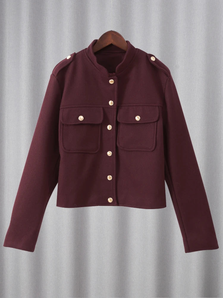 Elegant Wine Red Stand Collar Wool Blend Coat Female Fashion Single Breasted Pocket Short Jackets Lady Office Commute Streetwear