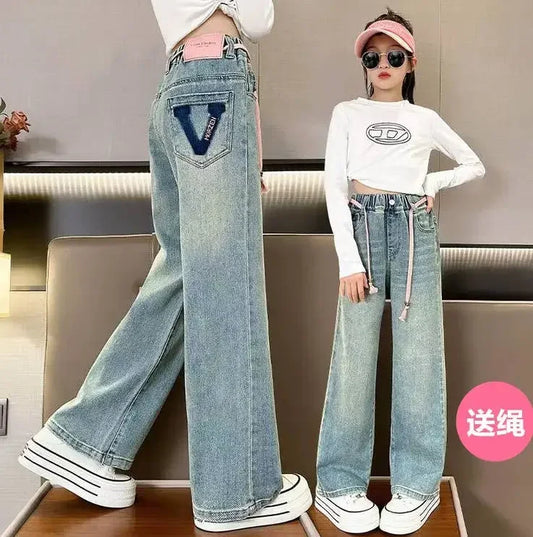 Korean Style Children Embroidery Jeans for Girls Denim Pants for Girls Spring  High Waist Straight Trousers for Kids Teenagers