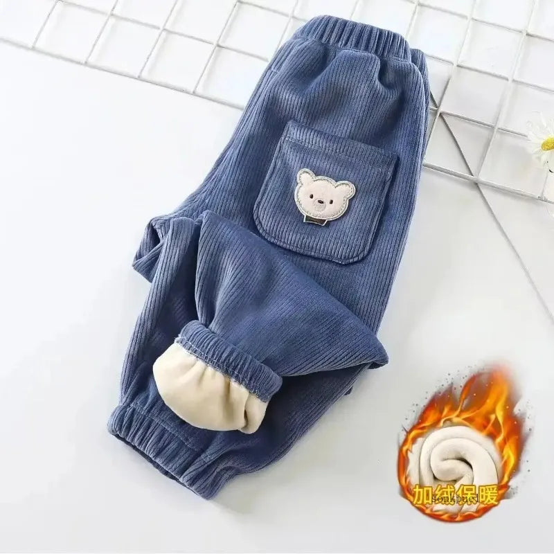 Kids Warm Pants Autumn Winter Girls Thicken Trousers Baby Boys Cute Bear Print Children Casual Harem Pants