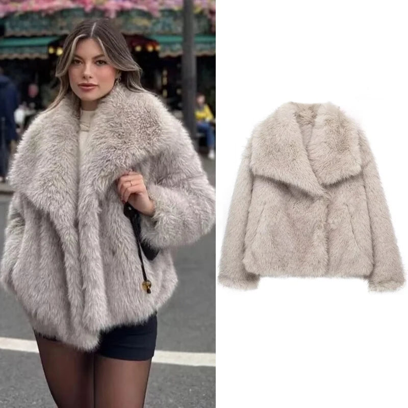 TRAF Women's Faux Fur Coat autumn winter 2023 Plush Wool Coats and Mixtures Outerwears Fashio Long Sleeve Warm Fur Coat