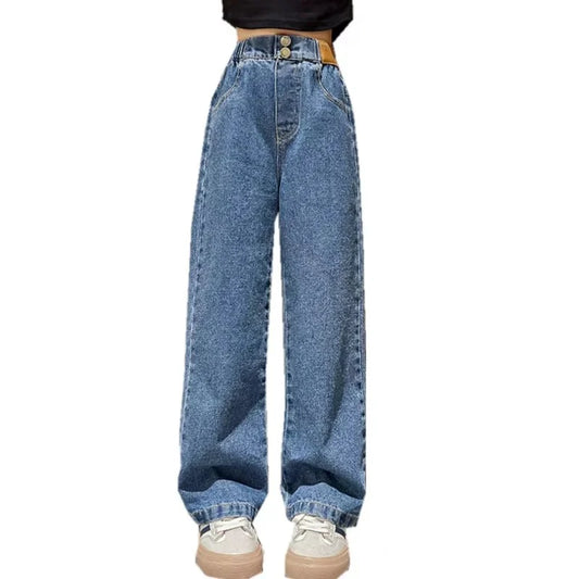 Teenage Girls Retro Jeans Spring Autumn Winter Casual Fashion Kids Wide Leg Insulated Jeans Pants School Children Denim Trousers