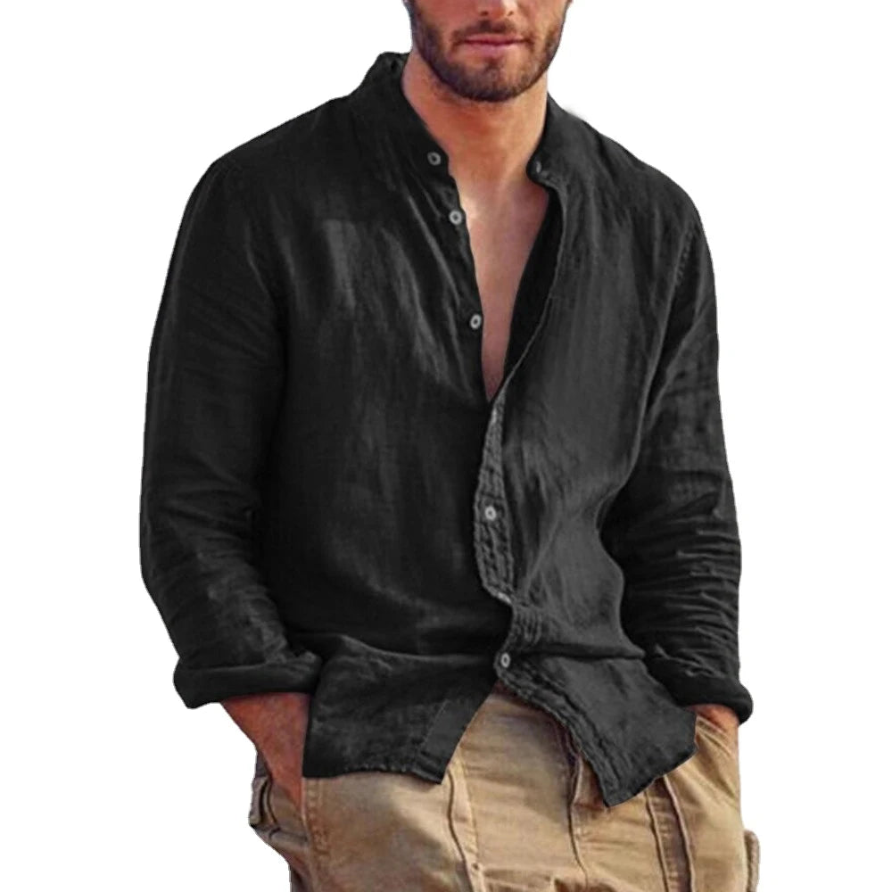 New Men's Solid Color Long Sleeve Shirt Linen Cotton Shirts Trend Plus-size Stand Collar Casual Lightweight Beach Tops