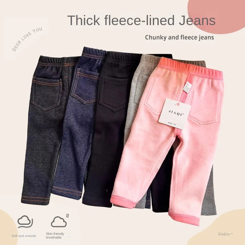 Children's Jeans Boys and Girls' Solid color Thin Velvet Elastic Belt Jeans Infant Elastic Denim Pants1-6Y