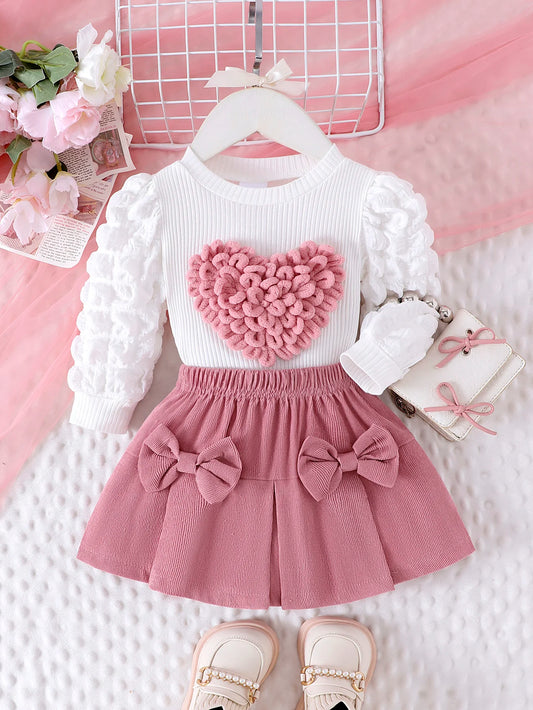 2PCS Winter New Style For 0-3 Year Old Girls, Comfortable Sweet And Cute Bubble Sleeves, Love Chapter Top + Pink Short Skirt Set