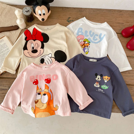 Trendy Brand Disney Children T-shirt Long-sleeved Tops Spring/autumn Clothing Kids Bottoming Shirt Cartoon Crewneck Girl Blouse