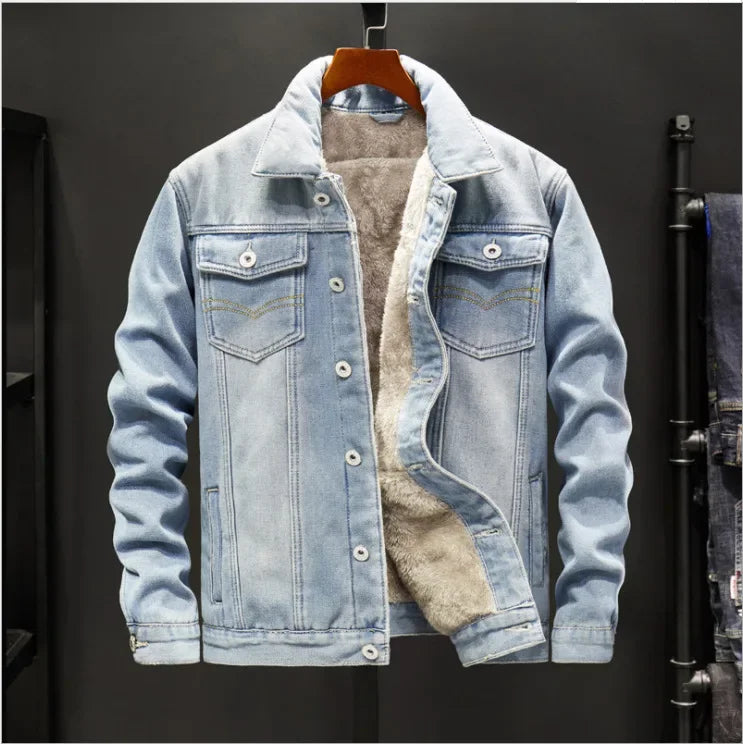 Men Denim Jacket Single Breasted Cardigan Turn Down Collar Coats Washed Loose Solid Pockets Button Casual Thicken Spliced