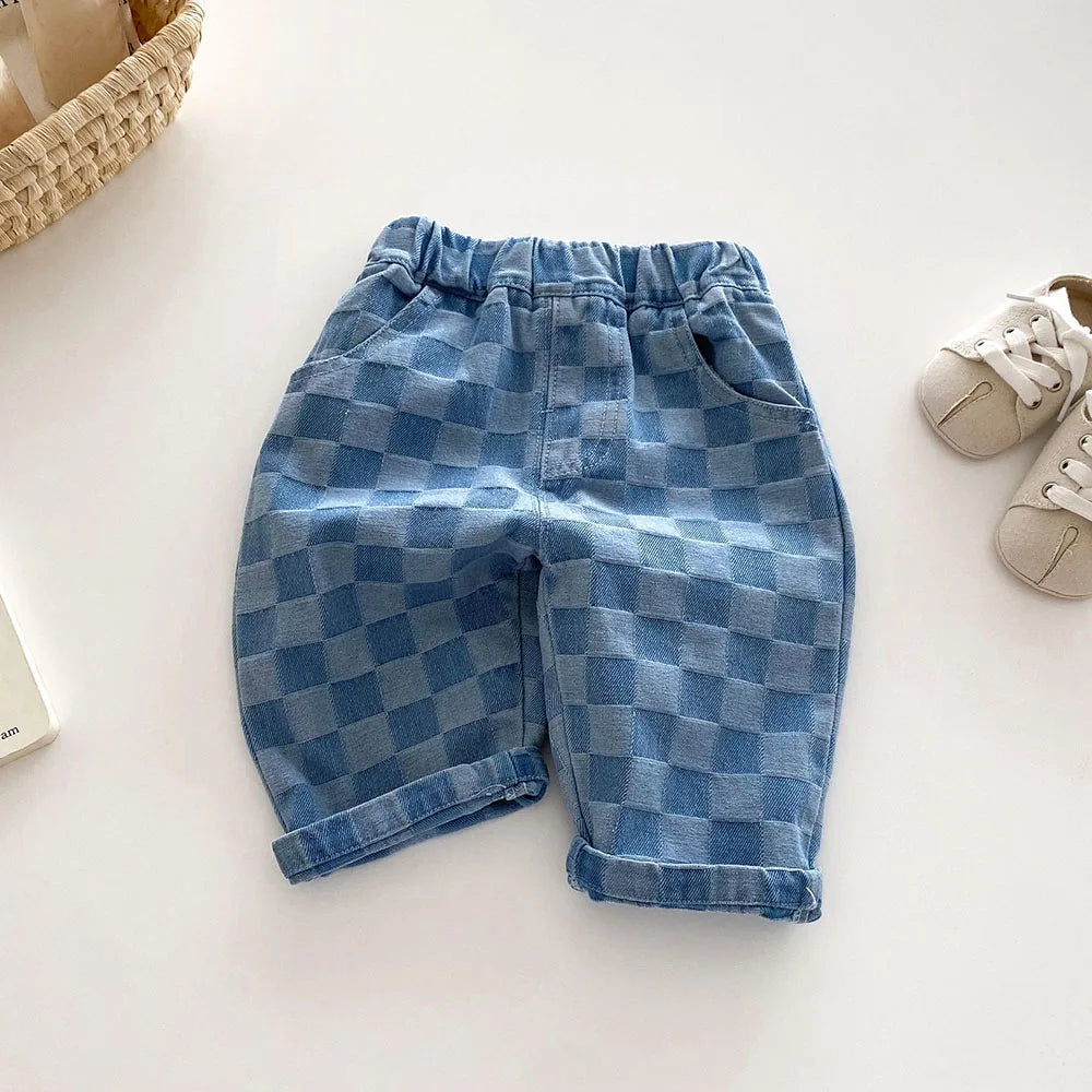 MILANCEL 1-5Y Children Jeans Boys Denim Pants Mid Waist Girls Trousers Fashion Kids Plaid Pants