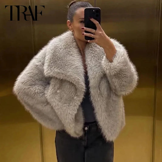 TRAF Womens Coats Winter Cropped Faux Fur Coat Women Autumn Long Sleeve Fluffy Black Jacket Outerwears Warm Plush Short Coats