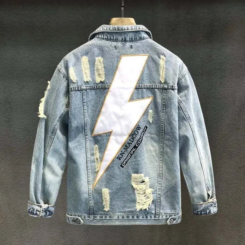 Men's Denim Jacket Vintage With Print Male Jean Coats Hole Ripped High Quality In Lowest Price Size L Loose On Board Casual Y2k