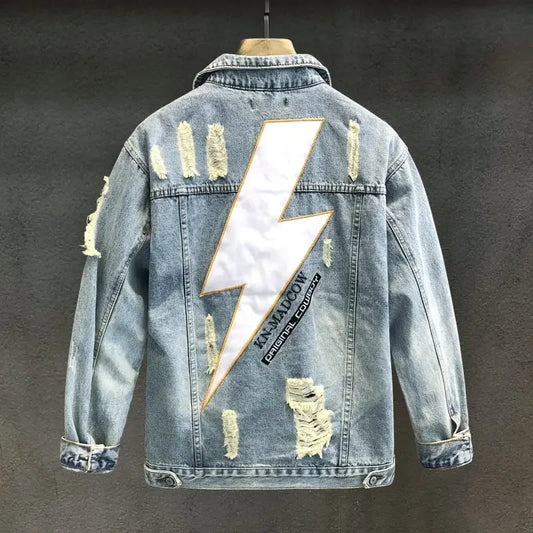 Men's Denim Jacket Vintage With Print Male Jean Coats Hole Ripped High Quality In Lowest Price Size L Loose On Board Casual Y2k