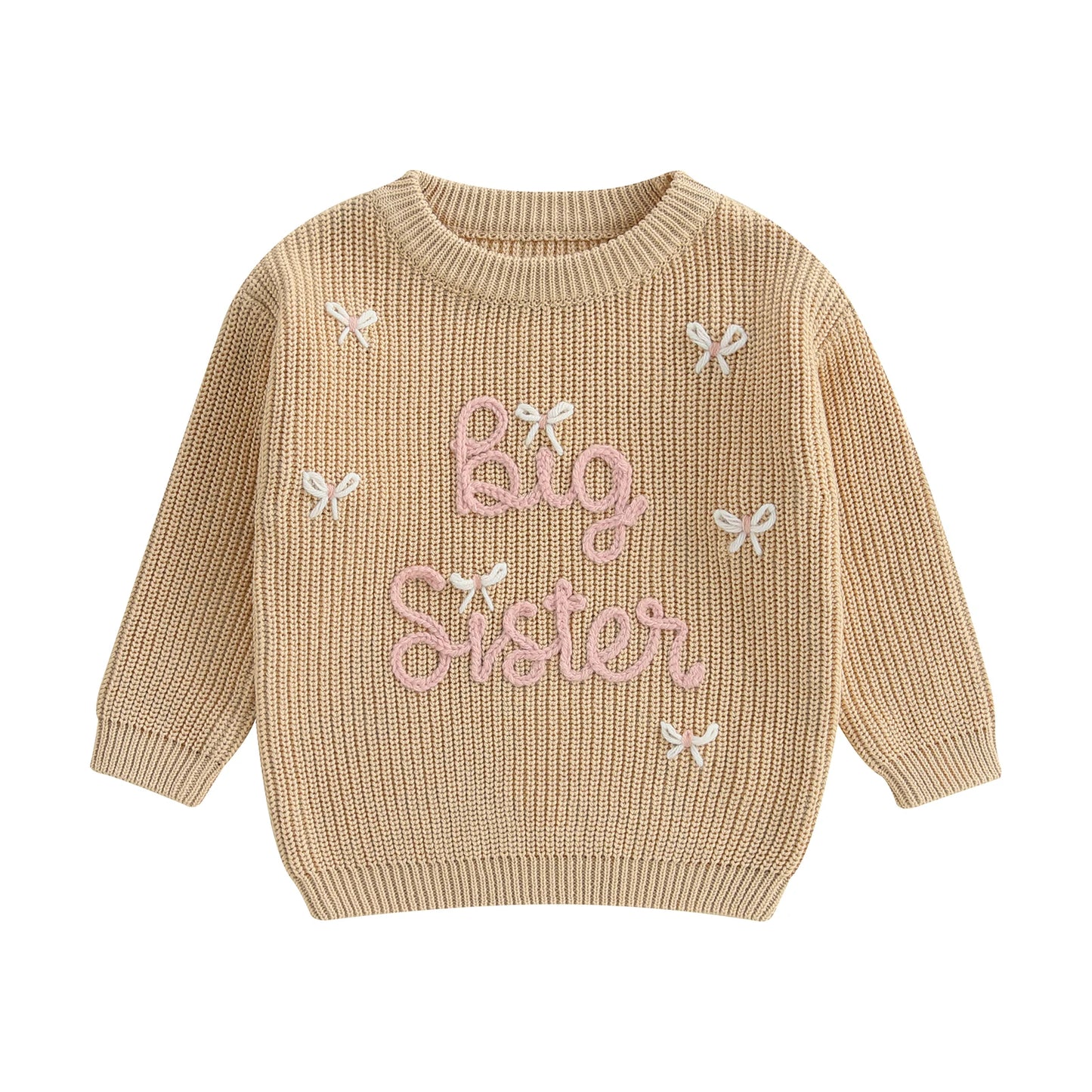 Pudcoco Baby Girl Sweater Long Sleeve Round Neck Bow Letter Embroidery Knit Pullover Toddler Tops 1-5T