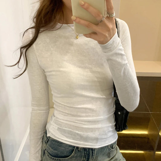 2025 Spring Autumn T shirt Women Tops Solid Slim Fit Long Sleeve O Neck Tshirts Female Casual Streetwear High Quality Base Tees