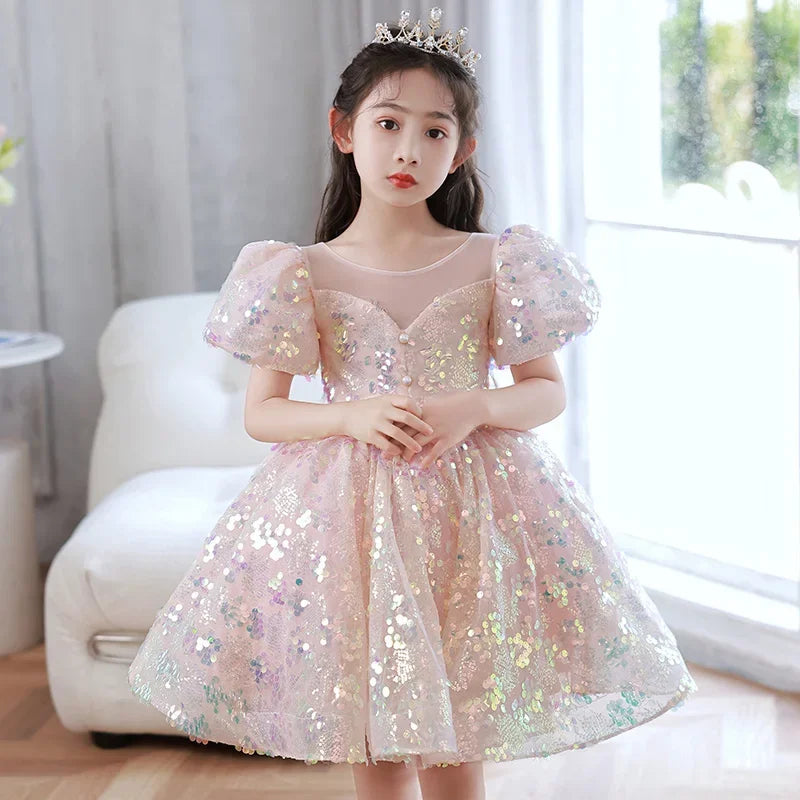 Kids Birthday Party Dresses for Little Girl Size 2 To 14 Years Prom Sequin Dress 2023 Luxury Gowns Sky Blue Evening Formal Frock