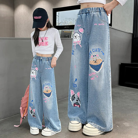 Cartoon Fashion Pattern Jeans for Girl Loose Straight Denim Pants Lovely Print Kids Spring Autumn Korea Style Long Trousers