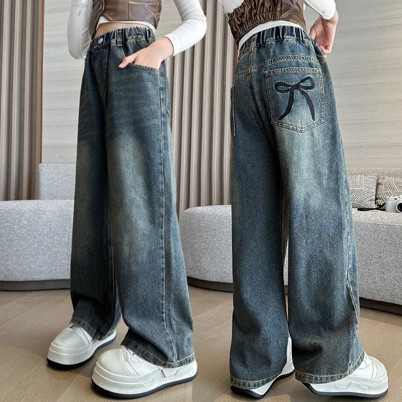 Girl Pocket Bow Embroidery Jeans New Teenage Children Wide Leg Denim Pants for Kids Loose Trousers Spring Autumn 4 -14 Years