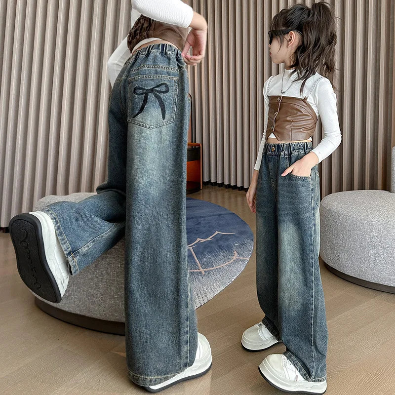 Girl Pocket Bow Embroidery Jeans New Teenage Children Wide Leg Denim Pants for Kids Loose Trousers Spring Autumn 4 -14 Years