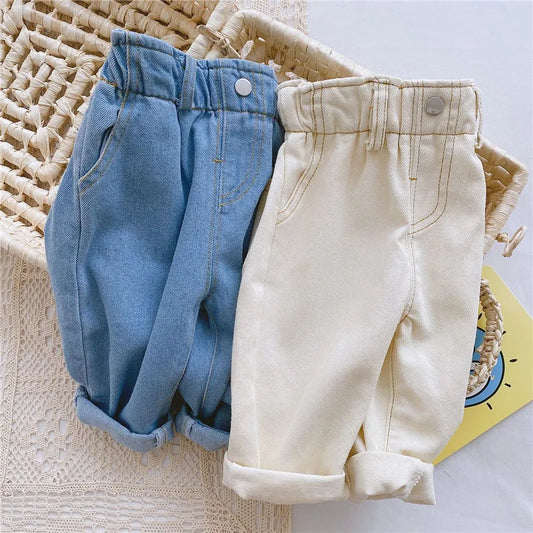 Kids Jeans Pant Casual Trousers For Boys Girls High Waist Solid Warm Out Jeans Children's Pants Autumn Spring 9M-4Years