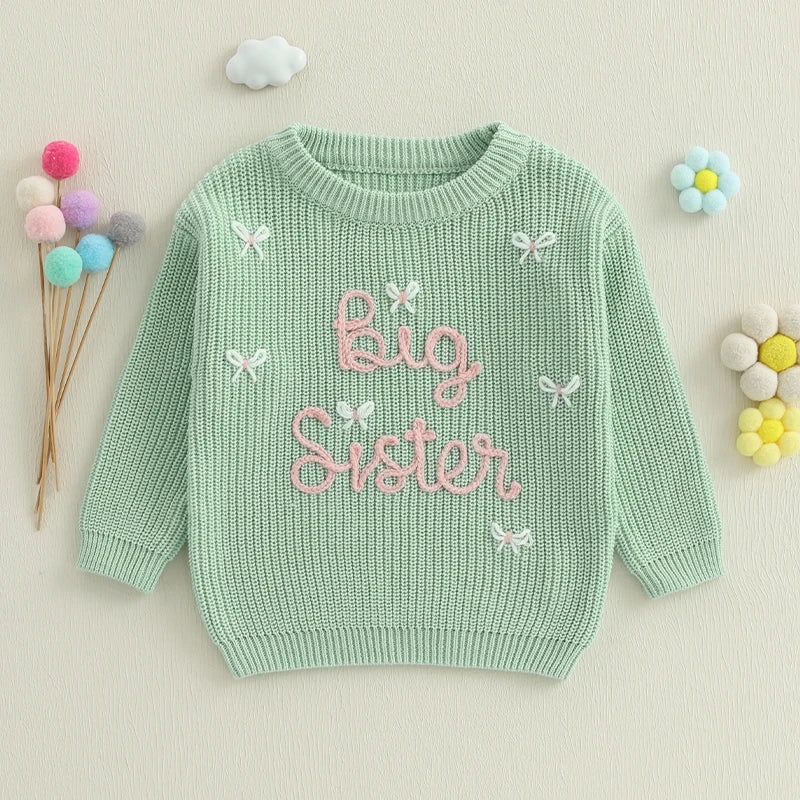 Pudcoco Baby Girl Sweater Long Sleeve Round Neck Bow Letter Embroidery Knit Pullover Toddler Tops 1-5T