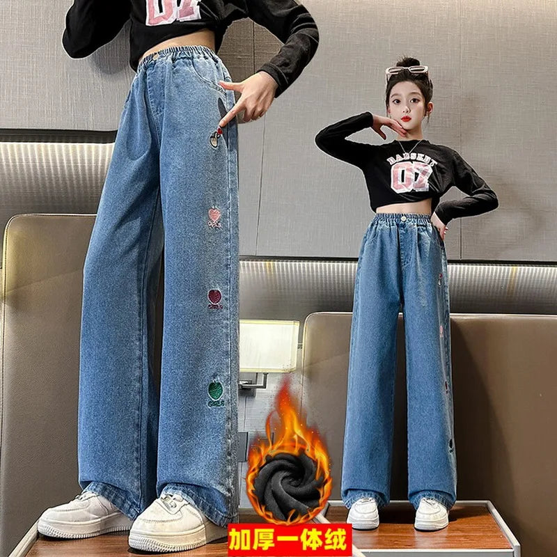 2024 Teenager Jeans for Girls Autumn Kids Casual Denim Wide Leg Pants Velvet Warm Winter Children's Fashion Straight Trousers