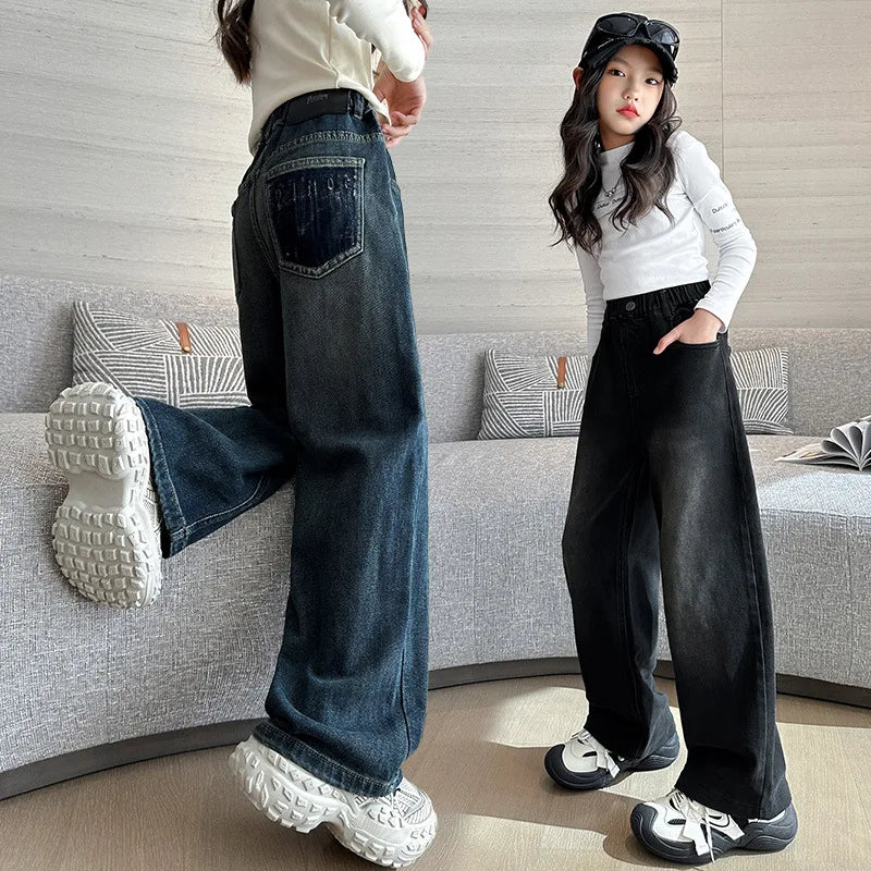 2024 New High Quality Girls Jeans Vintage Denim Wide Leg Pants Kids Clothing Children Casual Solid Trousers For Teenager Clothes