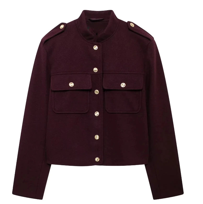 Elegant Wine Red Stand Collar Wool Blend Coat Female Fashion Single Breasted Pocket Short Jackets Lady Office Commute Streetwear