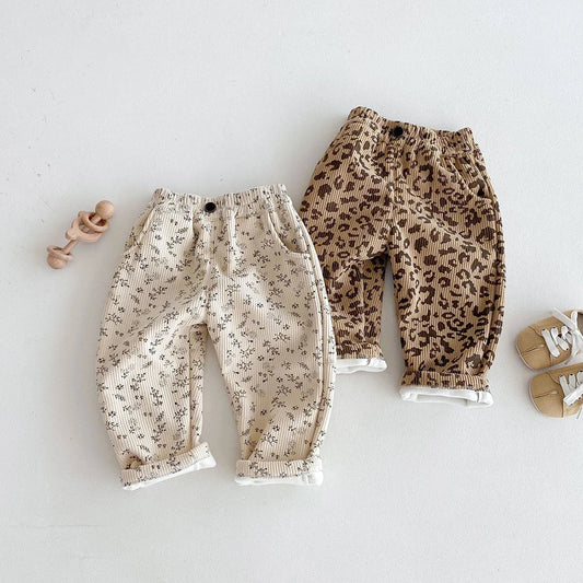 MILANCEL 1-5Y Autumn Kids Baby Pants Thicken Fleece Lining Floral Girls Trousers Warm Fashion Leopard Print Boys Pants Outwear