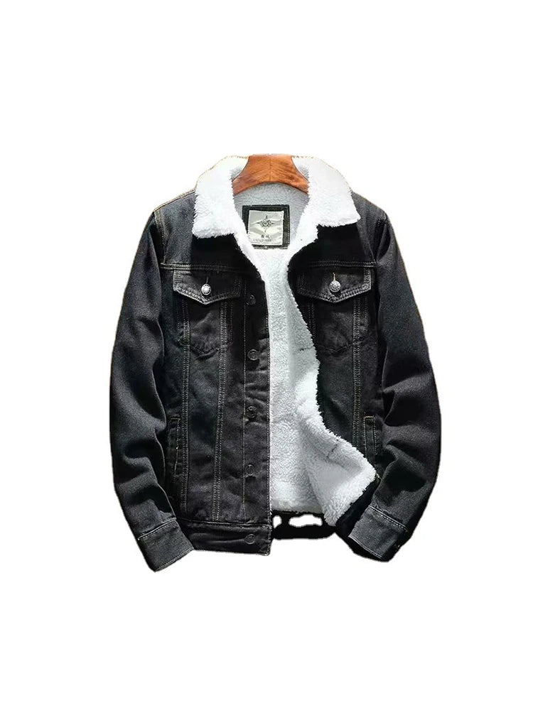 Plush Lining Denim Jacket Male Warm Fleece Stylish Pockets Buttons Jean Outerwear Winter Men Jean Jacket