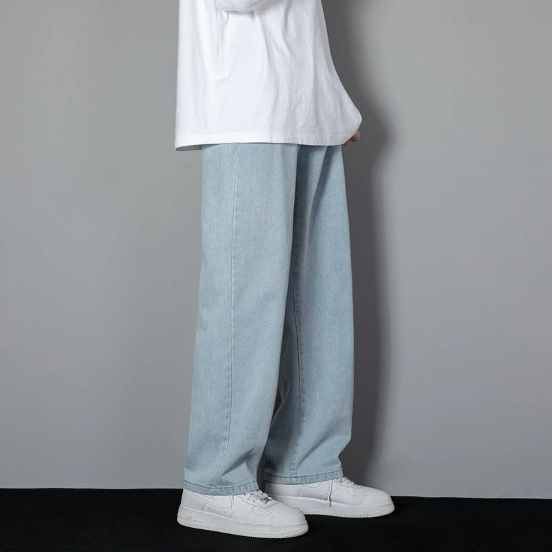 2025 New Korean Men's Casual Long Jeans Classic Man Straight Denim Wide-leg Pants Solid Color Light Blue Grey Black 3XL