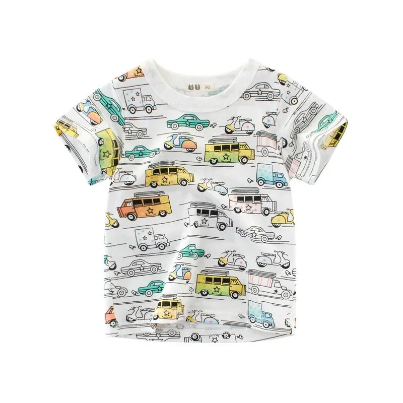 2025 Children's T-Shirt for Boys Girls Kids Shirts Baby Short Sleeve Full Print Toddler Cotton Cartoon Car Tee Tops Clothing