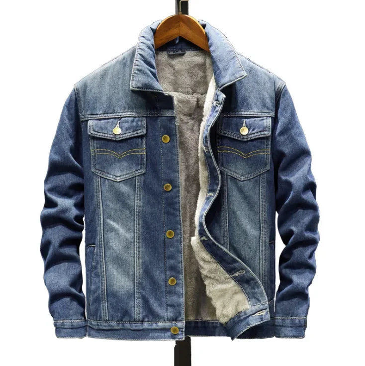 Men Denim Jacket Single Breasted Cardigan Turn Down Collar Coats Washed Loose Solid Pockets Button Casual Thicken Spliced